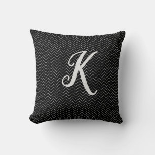 Monogram Black and Silver Glitter Chevron Throw Pillow