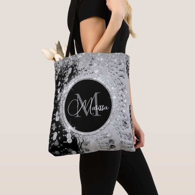 Monogram Black and Silver Glitter Coins  Tote Bag (Close Up)
