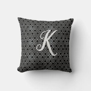 Monogram Black and Silver Glitter Hexagon Throw Pillow