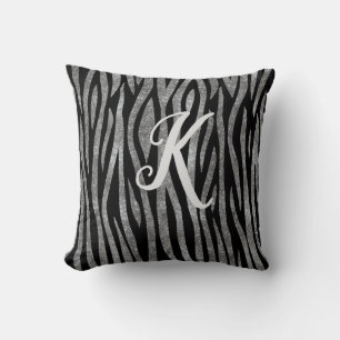 Monogram Black and Silver Glitter Zebra Print Throw Pillow