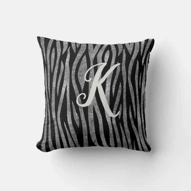 Monogram Black and Silver Glitter Zebra Print Throw Pillow (Front)