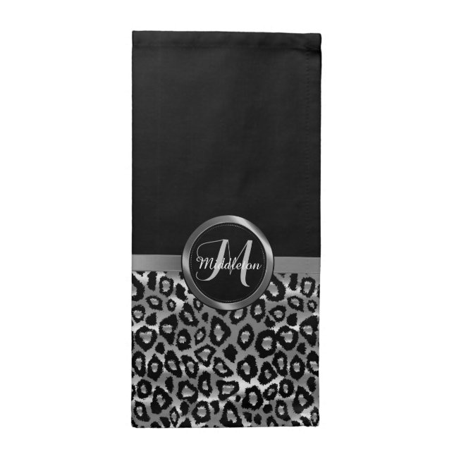 Monogram - Black and Silver Gray Leopard Print Cloth Napkin (Half Fold)