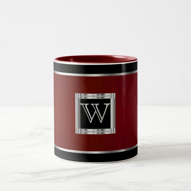 Monogram  Black and Silver on Brush Maroon Two-Tone Coffee Mug (Center)