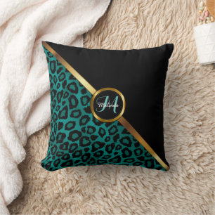 Monogram - Black and Teal Leopard Print Throw Pillow