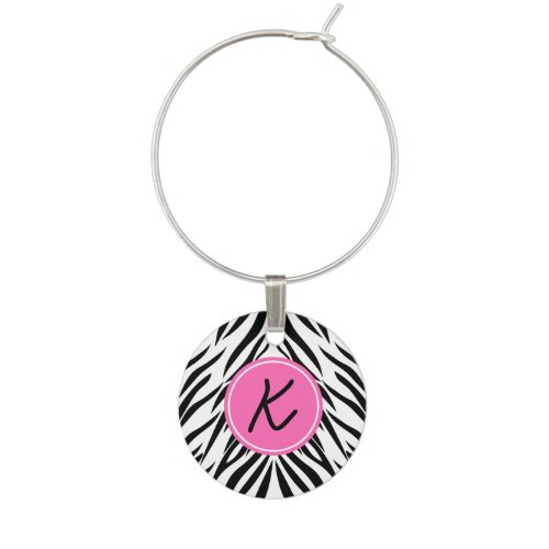 Monogram Black and White and Hot Pink Zebra Print Wine Charm