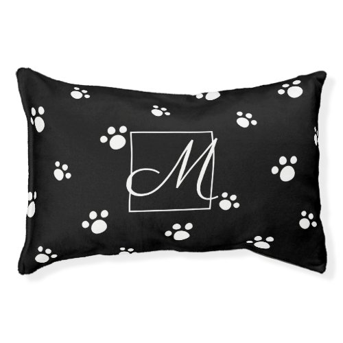 Monogram Black and White Animal Paw Print Pattern Pet Bed