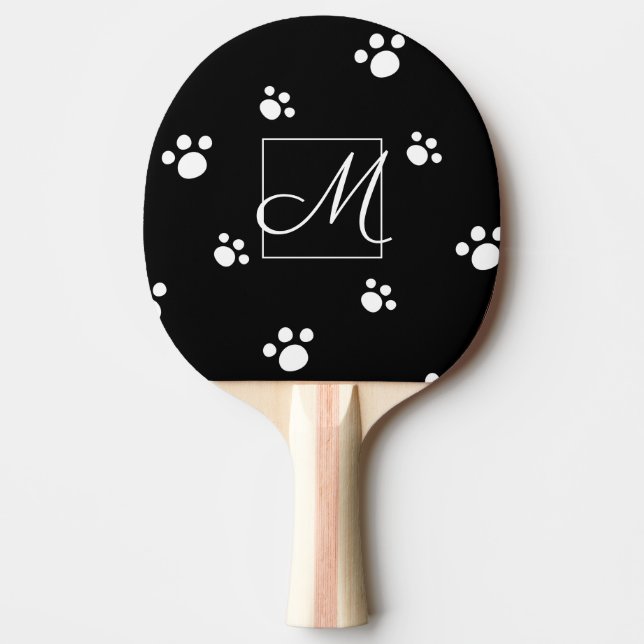 Monogram Black and White Animal Paw Print Pattern Ping Pong Paddle (Front)