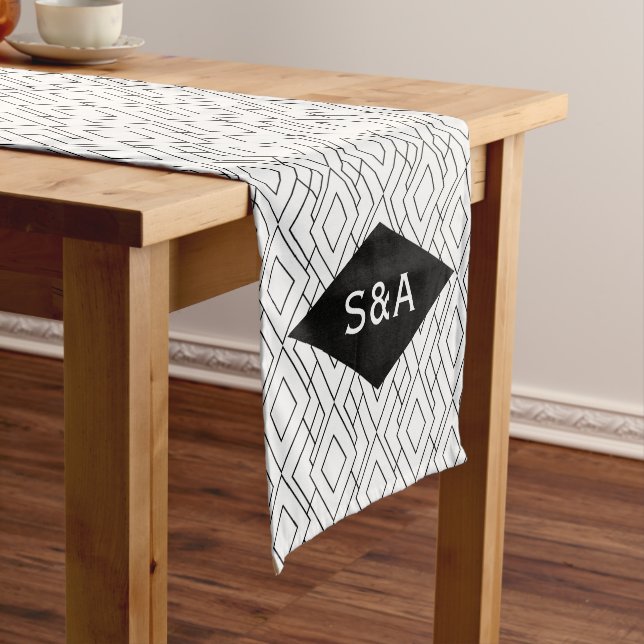 Monogram Black and White Art Deco Wedding Long Table Runner (In Situ)