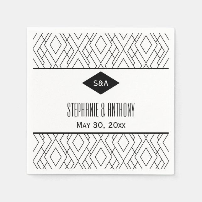 Monogram Black and White Art Deco Wedding Napkins (Front)