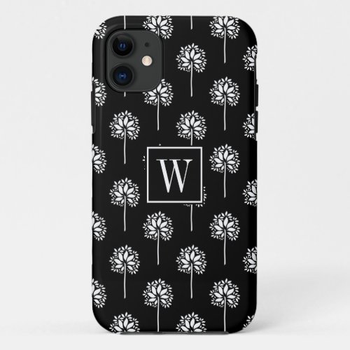 Monogram black and white bay tree art deco print iPhone 11 case