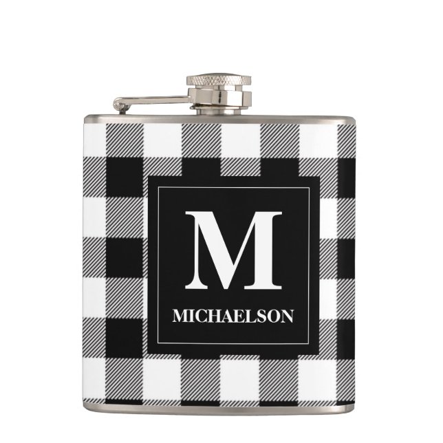 Monogram Black and White Buffalo Check Flask (Front)