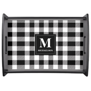 Monogram Black and White Buffalo Plaid Serving Tray
