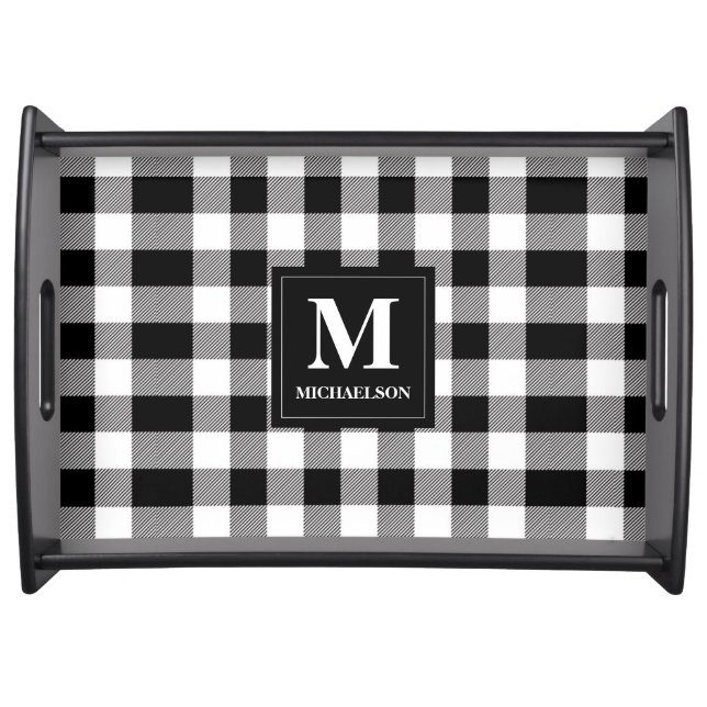 Monogram Black and White Buffalo Plaid Serving Tray (Front)
