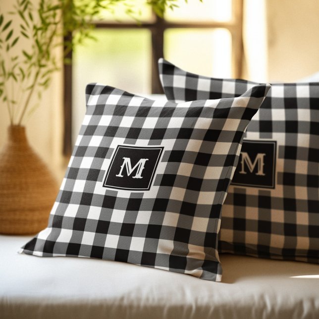 Monogram Black and White Buffalo Plaid Throw Pillow (Creator Uploaded)