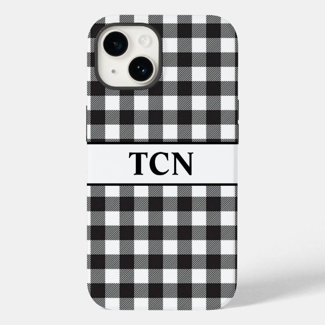 Monogram Black and White Buffalo Plaid Trendy Case-Mate iPhone Case (Back)