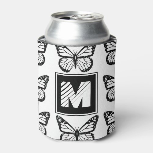 Monogram Black and White Butterfly Pattern Can Cooler