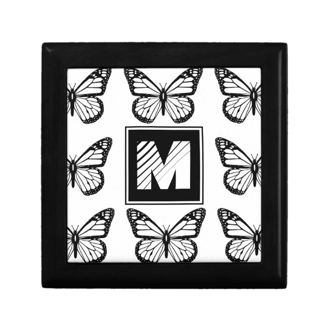 Monogram Black and White Butterfly Pattern Gift Box (Front)