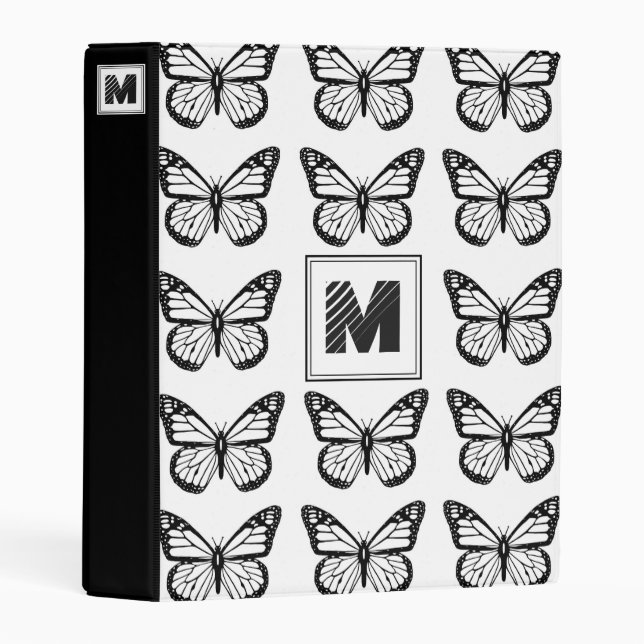 Monogram Black and White Butterfly Pattern Mini Binder (Front/Spine)