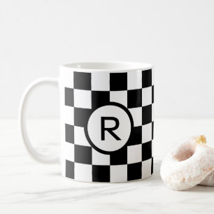 Monogram Black and White Checkered Pattern Coffee Mug