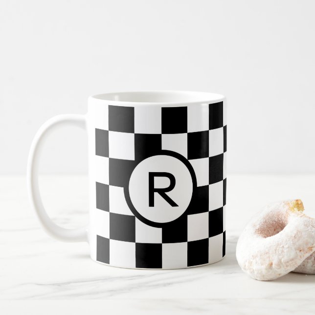Monogram Black and White Checkered Pattern Coffee Mug (With Donut)