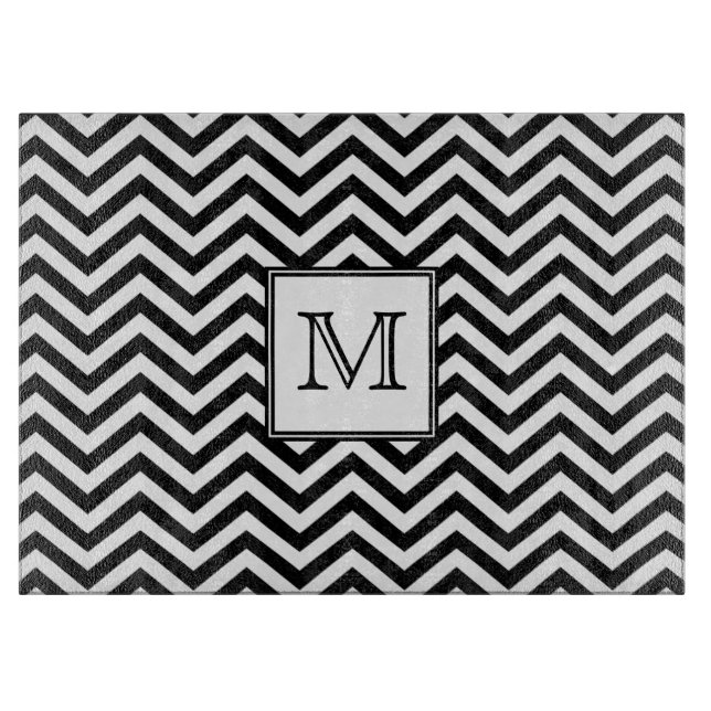 Monogram Black and White Chevron Cutting Board (Front)