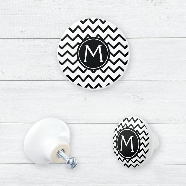 Monogram Black and White Chevron Stripes Ceramic Knob (Creator Uploaded)