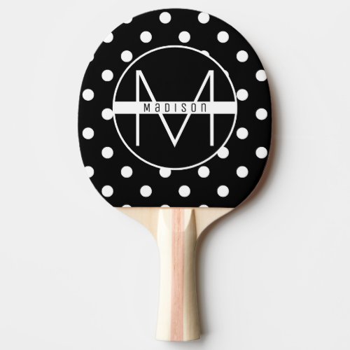 Monogram  Black and White Chic Polka Dot Pattern Ping Pong Paddle