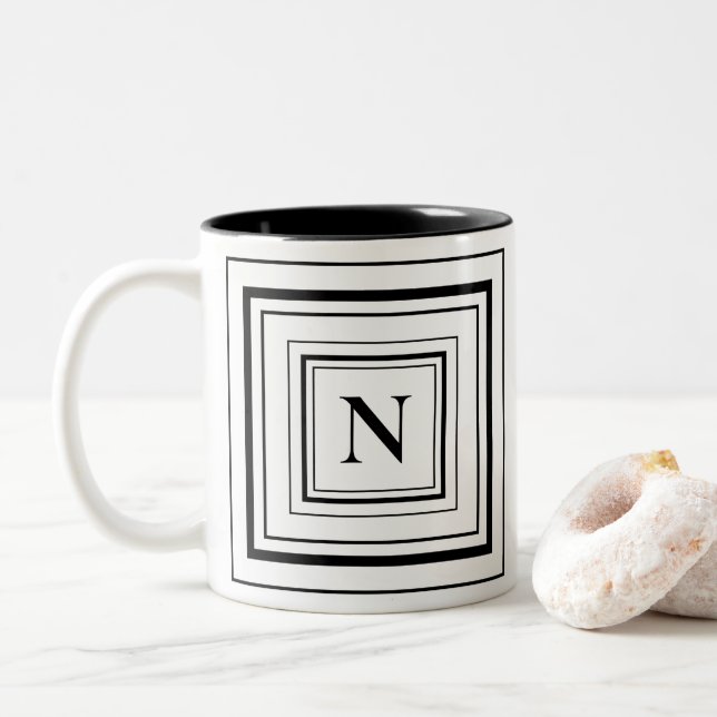 Monogram Black and White Classic Square Monogram  Two-Tone Coffee Mug (With Donut)