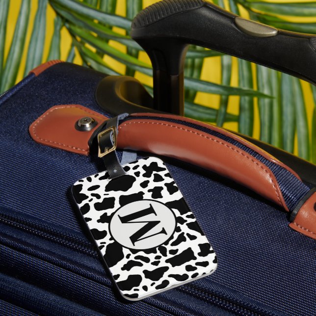 Monogram Black and White Cow Print Luggage Tag (Front Insitu 1)