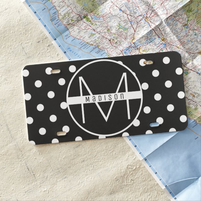 Monogram | Black and White Cute Polka Dot Pattern License Plate (In Situ)