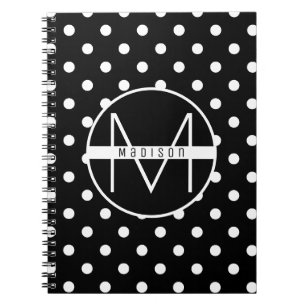 Monogram Black and White Cute Polka Dot Pattern Notebook