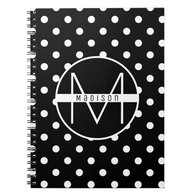 Monogram | Black and White Cute Polka Dot Pattern Notebook (Front)