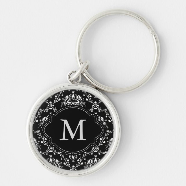 Monogram Black and White Damask Keychain (Front)