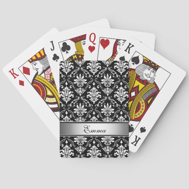 Monogram Black and White Damask Poker Cards (Back)