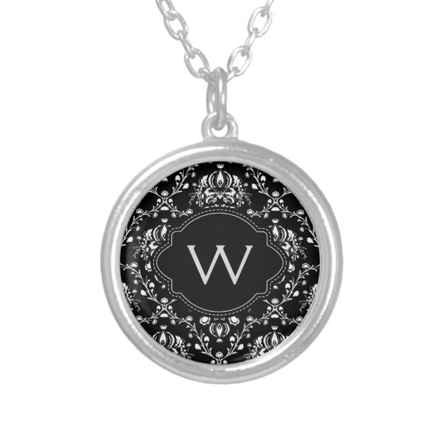 Monogram Black and White Damask Silver Plated Necklace (Front)