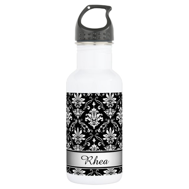 Monogram Black and White Damask Water Bottle (Front)