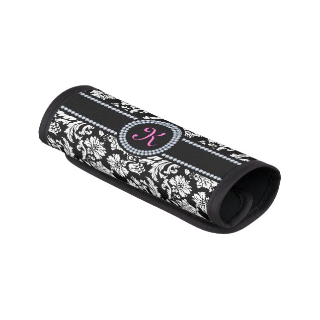 Monogram Black And White Damasks Pattern 2a Luggage Handle Wrap (Angled)