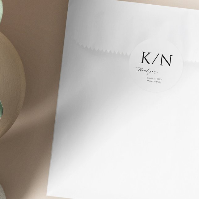 Monogram black and white elegant wedding thank you classic round sticker (Creator Uploaded)