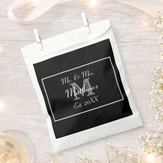 Monogram Black and White Est. Date Wedding  Favor Bag (Clipped)