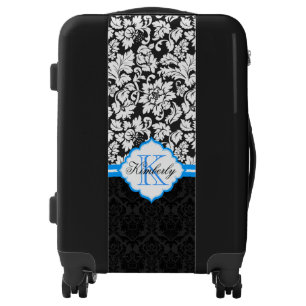 Monogram Black And White Floral Damask With Blue Luggage