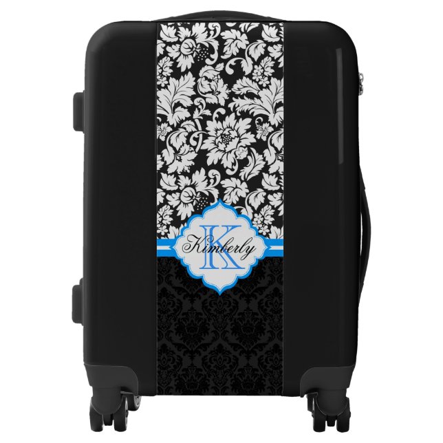 Monogram Black And White Floral Damask With Blue Luggage (Front)