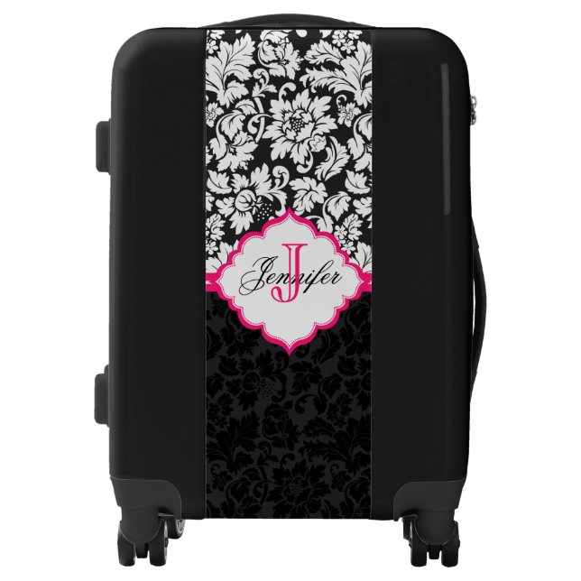 Monogram Black And White Floral Damask With Pink Luggage (Front)