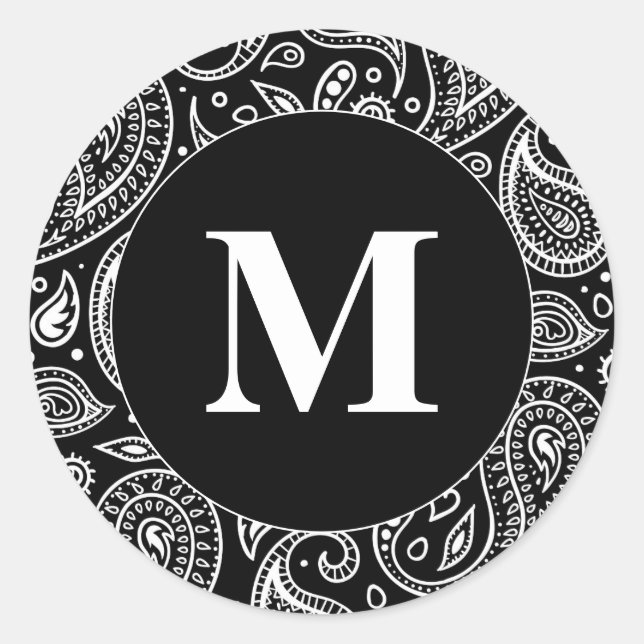 Monogram Black and White Floral Paisley Pattern Classic Round Sticker (Front)