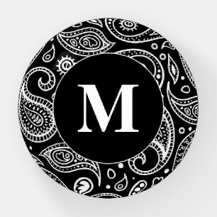 Monogram Black and White Floral Paisley Pattern Paperweight