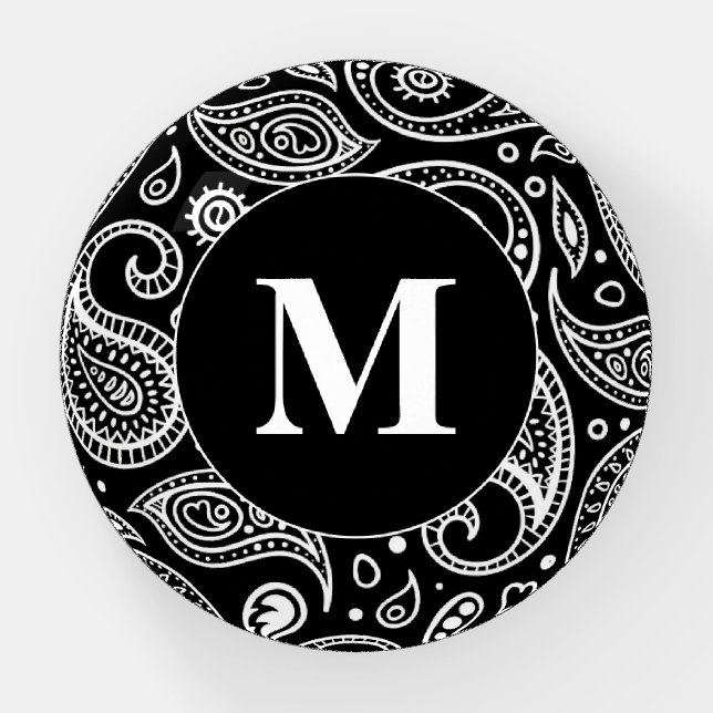 Monogram Black and White Floral Paisley Pattern Paperweight (Front)