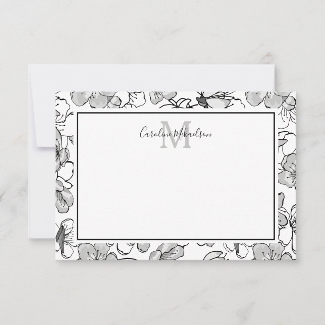 Monogram Black and White Floral Pattern Thank You Card (Front)
