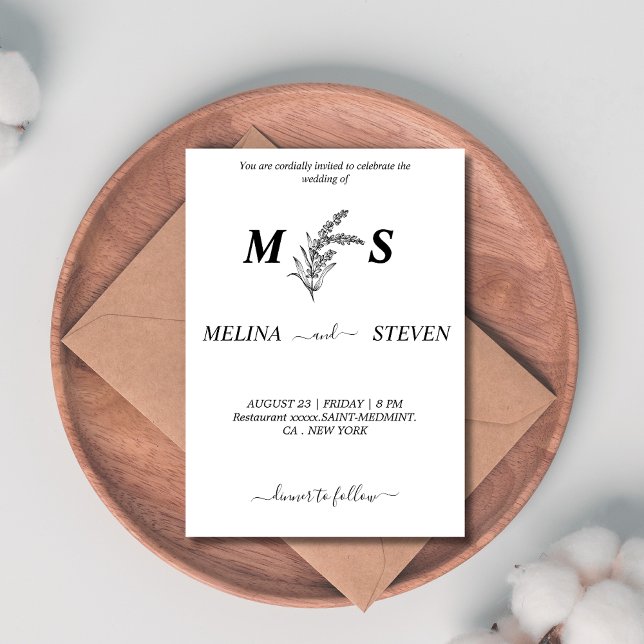 Monogram Black and White floral wedding  Invitation (Creator Uploaded)