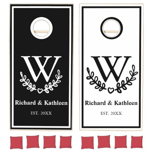 Monogram Black and White Floral Wreath Wedding    Cornhole Set