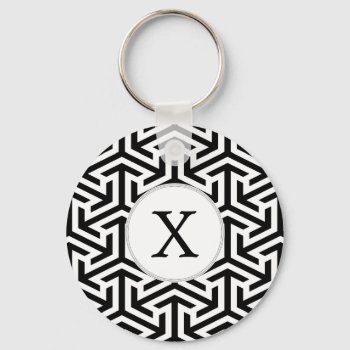 Monogram Black And White Geometrical Pattern Keychain by MonogramBoutique at Zazzle