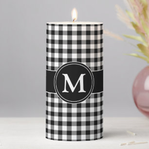 Monogram Black And White Gingham Checked Pattern Pillar Candle